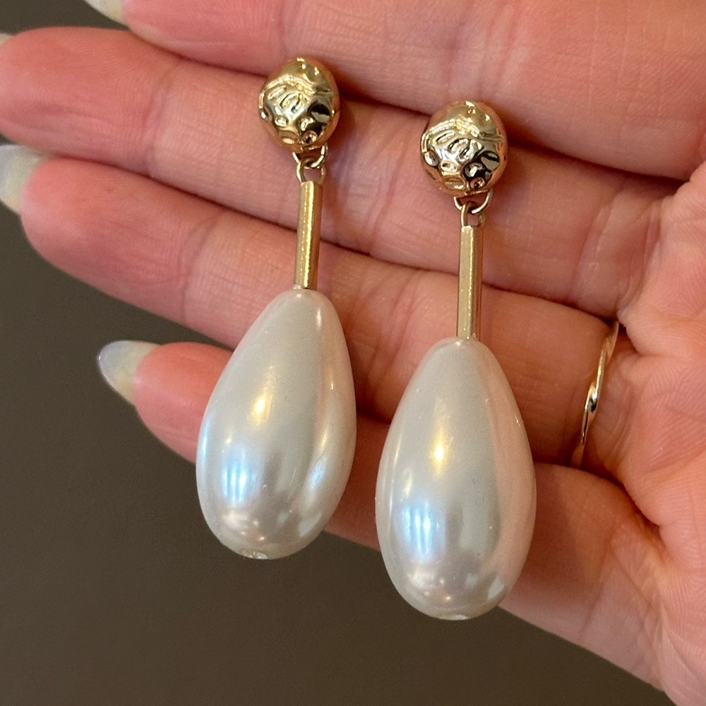Pearl Teardrop Gold-Accent Dangle Earrings - White